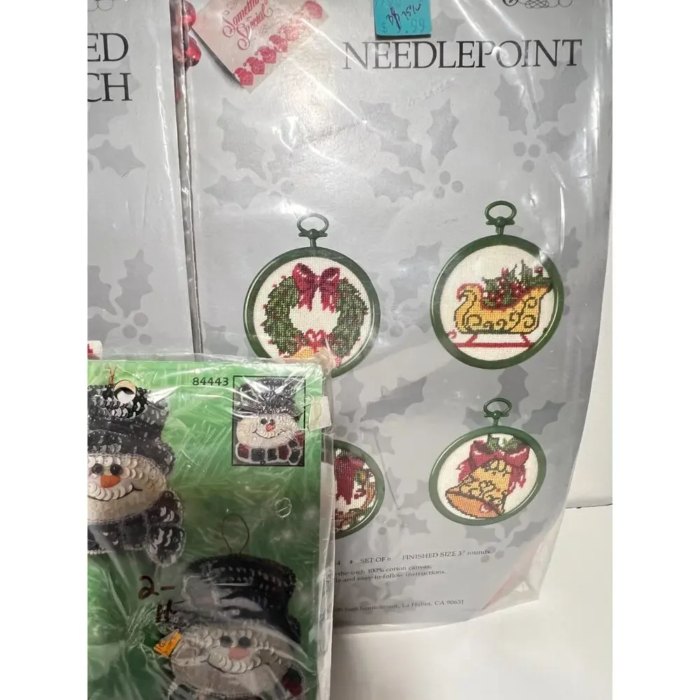 Lot of 5 VTG Holiday Cross Stitch Ornament Kits Needlepoint Christmas Stocking